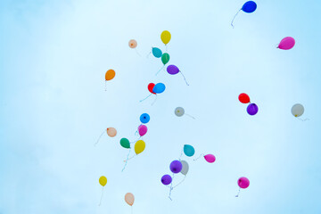 colorful balloons filled with helium rise into the blue sky