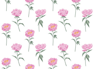 Fototapeta na wymiar Seamless floral pattern with peonies on white background, watercolor. design for textiles, interior, clothes, wallpaper. Botanical art
