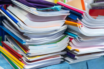 Education report in school,Class documents of Binders file Paperwork Document with note,with blank label on shelf in archive folder on teacher desk office, Annual Report document for Business papers