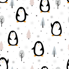 Seamless vector Penguin pattern standing on the snow and flakes with pine trees.