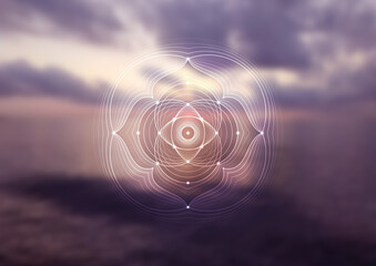 Vector background, template of banner, poster, cover and etc. for yoga, meditation and relax. Spiritual sacred geometry mandala on blurred backdrop with sea sunrise.