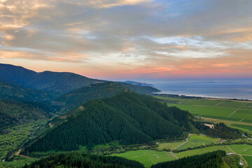 Aerial view over Cloudy Bay / Te Koko-O-Kupe, South Island, New Zealand