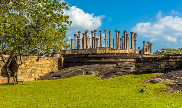 A view towards the largest of the ancient stupa ruins in the Medirigiriya Vatadage in Sri Lanka