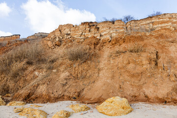 Rockslide. Mountain landslide in an environmentally hazardous area. Large cracks in earth, descent...