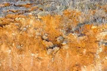 View bird's-eye view. Background mountain landslide in an environmentally hazardous area. Large cracks in the ground, the descent of layers of dirt road. Deadly risk of collapse of the soil on coast