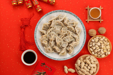 dumplings in the background of Chinese Red