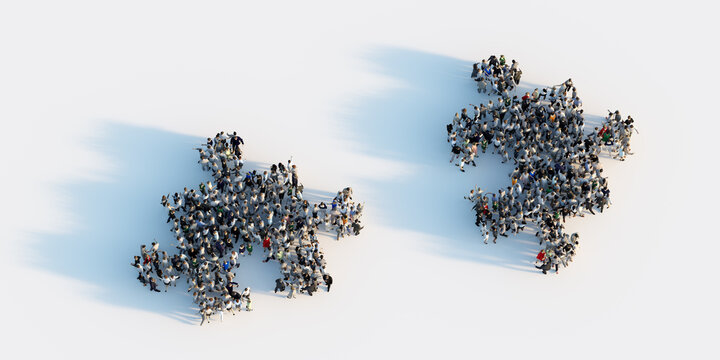Two groups of people shaped in puzzle pieces joining together.