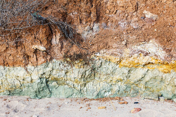 View bird's-eye view. Background of mountain landslide in an environmentally hazardous area. Large cracks in the ground, the descent of soil layers, coquina. Deadly risk of coastal collapse