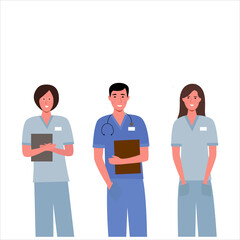 Obraz premium Group of cartoon doctors in flat style. Medical team of men and women in the hospital. Vector concept. Medical modern design. business meeting of doctors.