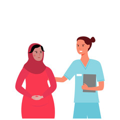 
Cartoon female doctor encourages a pregnant woman during a consultation. Flat vector. Medicine concept. a young pregnant girl came to the doctor for medical advice and help.