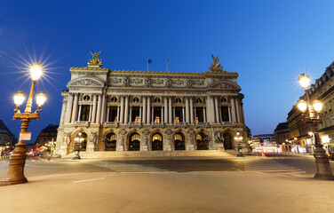 Night front view of the Opera National de Paris. France.