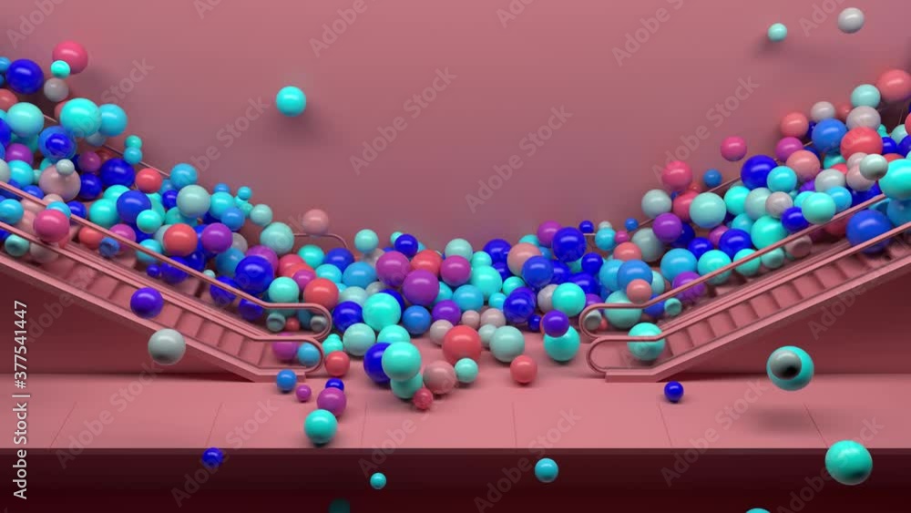 Poster 3d render colorful background with a lot of shiny spheres fall down from escalator. fun and positive