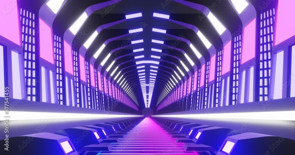 Poster 3d rendering loop motion of bright neon purple sci-fi corridor.