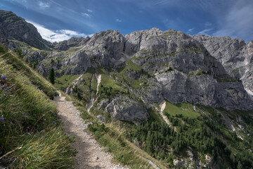 Putia mountain pass on the circular hike around Sass de Putia Mountain beginning from Passo delle Erbe (Erbe pass), Dolomites, Trentino, Alto-Adige, South Tirol, Italy. 