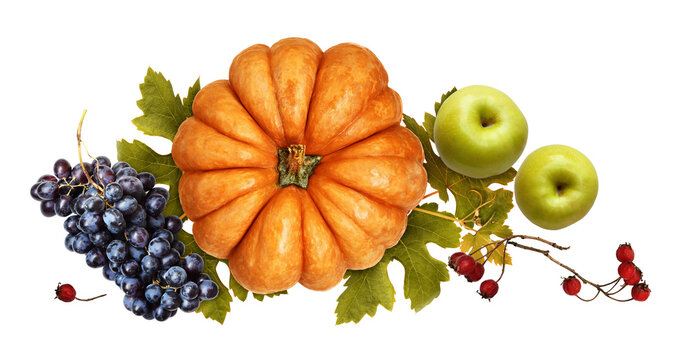 Autumn arrangement with pumpkin, grapes, apples, red berries and green leaves