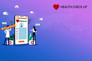 Concept of medical health check up, two doctors are holding a big pencil and working on a big screen of smartphone of health checklist to treat the patients in pink blue shade color background.