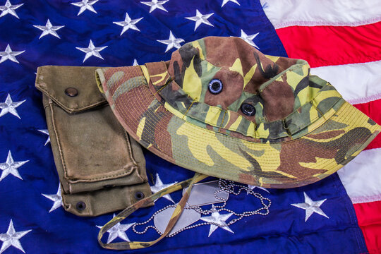 Vietnam Vet Jungle Green Hat, Dog Tags & Ammo Pouch On American Flag