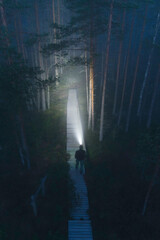 Person with headlamp looking in forest on boardwalk with fog