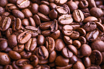 many aroma coffee beans background. Top view