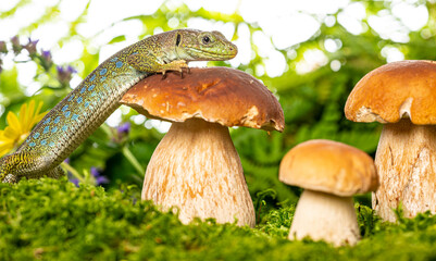 cute lizard in forest still life with mushrooms