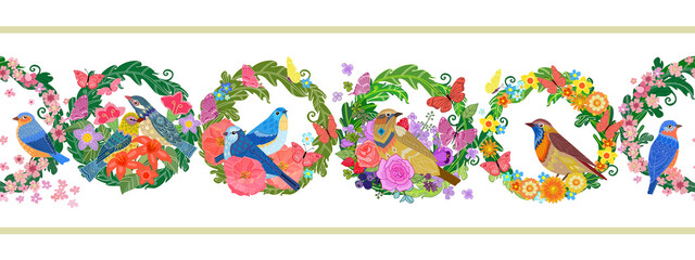 horizontal seamless border with floral wreaths. birds and flying
