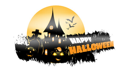 Halloween party banner, Full Moon, Haunted House, and Pumpkins in white background.