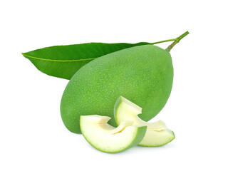 green mango with leaf isolated on white background
