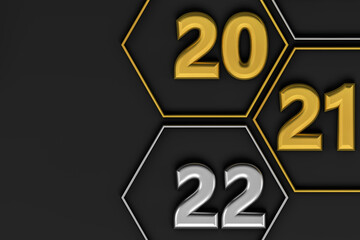 3d rendering of christmas and new Year concept. Holiday illustration of golden metallic numbers 2021 with silver and golden hexagons on black background. Festive poster or greeting banner design.