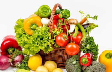 Fruits and vegetables isolated on white background. Vegan food and healthy diet concept.