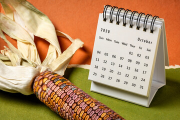 October 2020 - spiral desktop calendar against colorful handmade paper  with a  decorative ornamental  corn, autumn, time and business concept