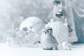 Christmas decoration. Bright wooden background. Close up.
