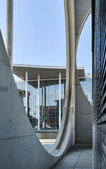 Part of the façade of the Marie Elisabeth Lüders Haus with the Paul Lobe Haus (Deutscher Bundestag) in the background at the Berlin government district