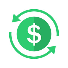 Obraz premium Icon of dollar sign in circle with two arrow. Green USD dollar symbol. Vector illustration