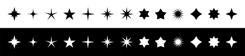 Fototapeta premium Set of vector stars. Collection of black and white shining stars. Vector symbols star isolated on background.