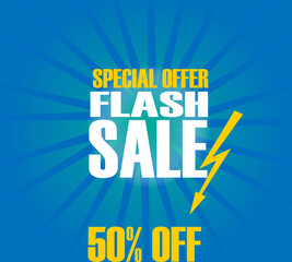 fifty percent discount coupon, with lightning on a blue iridescent background, gold and white lettering