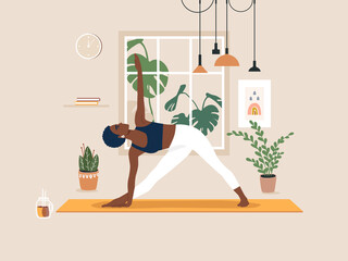 Young african american woman doing yoga exercises, practicing meditation and stretching on the mat. Black female character practicing in yoga studio or home. Trendy flat vector illustration. - obrazy, fototapety, plakaty