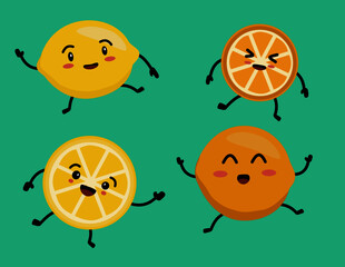 fruit. Food with cute faces, happy. Vector illustration set