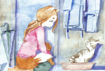 The little fox wolf girl teaches the kitten to the litter box, watches the cat in the hallway. Watercolor and liner