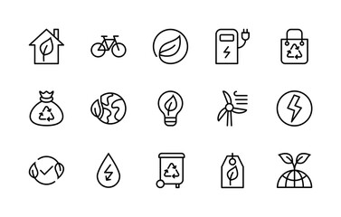 Eco friendly and alternative energy sources vector linear icons simple set. Linear ecology icons. Collection of energy icons. Isolated contour illustrations for websites on white background.