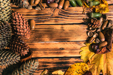 Autumn textured background with space for text. A lot of yellow fallen leaves on the wooden table, acorns, chestnuts and pine cones nearby.