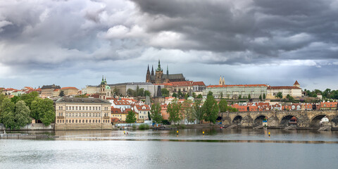 Obraz premium A Typical View of Prague Castle With the Vltava River, the Largest Active Castle Complex in the World, Panorama of the Capital of the Czech Republic