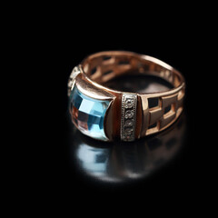 Close-up of a large golden ring with a gem on a black background.