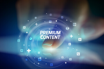 Finger touching tablet with social media icons and PREMIUM CONTENT