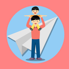 Father holding his son on the neck spreading his arms like wings of paper plane vector