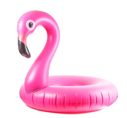 Summer fun. Pink pool inflatable flamingo for summer beach isolated on white background. Luxury lifestyle travel.