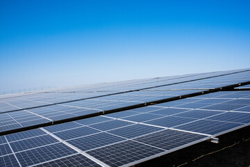 Solar energy power plant to prevent climate change. Solar panels under blue sky.