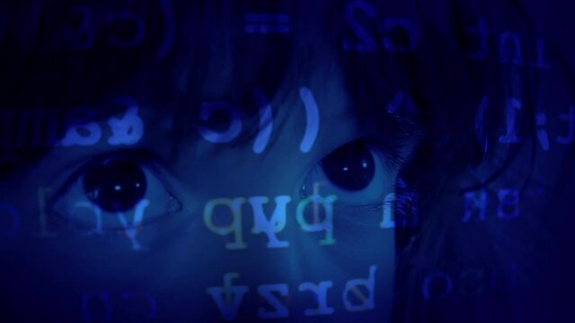 A cute little girl's eyes, looking at a computer screen, with source code (fisheye style) made of random characters.
