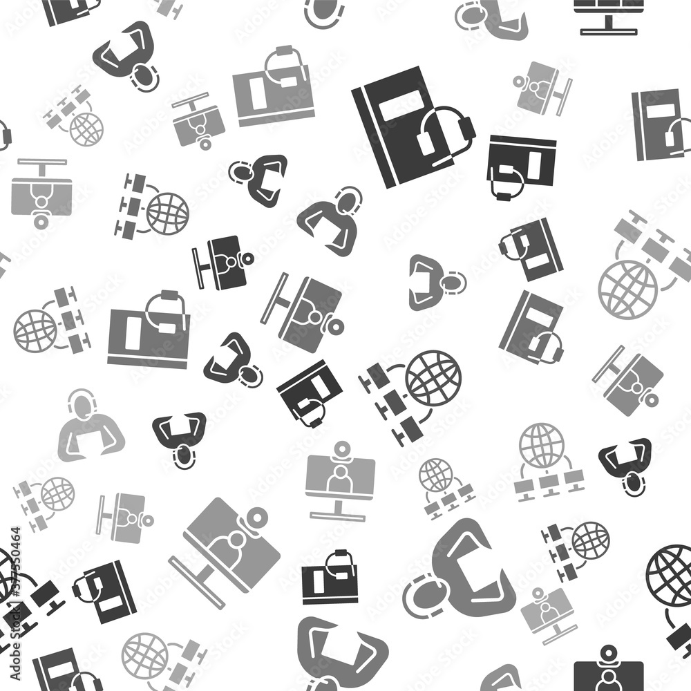 Poster set audio book, student, computer network and video chat conference on seamless pattern. vector.