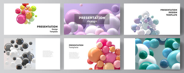 Vector layout of presentation slides design templates, multipurpose template for presentation brochure, business report. Abstract futuristic background with colorful 3d spheres, glossy bubbles, balls.