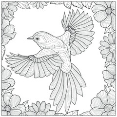 Bird in a frame with flowers.Coloring book antistress for children and adults. Illustration isolated on white background.Black and white drawing.Zen-tangle style.